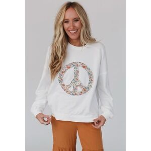Easel Peace Sign Washed Terry Knit Pullover in Off White Boutique 1X
